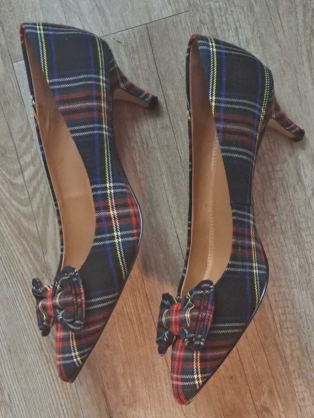 J. Crew Red and Black Plaid Pointed-Toe Bow Pump